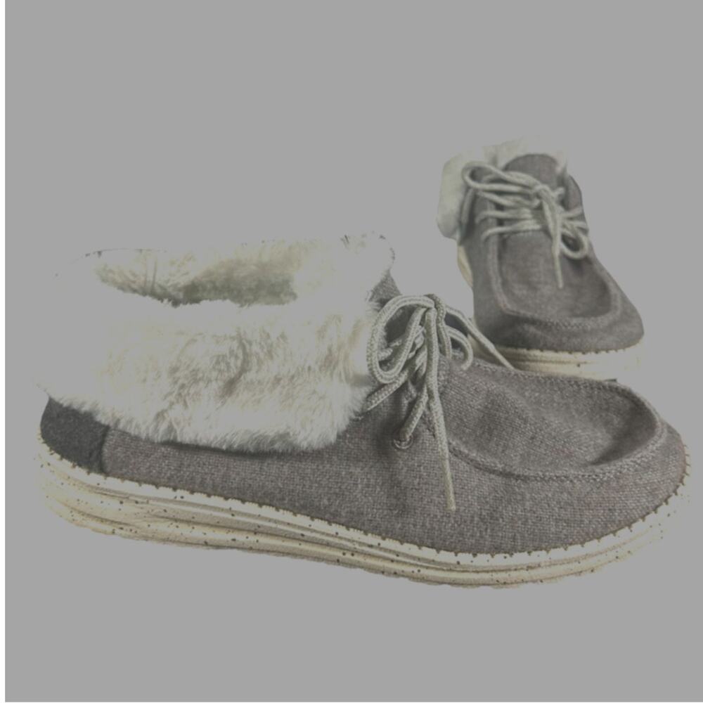 Hey Dude BRITT Charcoal Gray Fur Lined Lace-Up Shoes Size 10 Cozy Casual Comfort